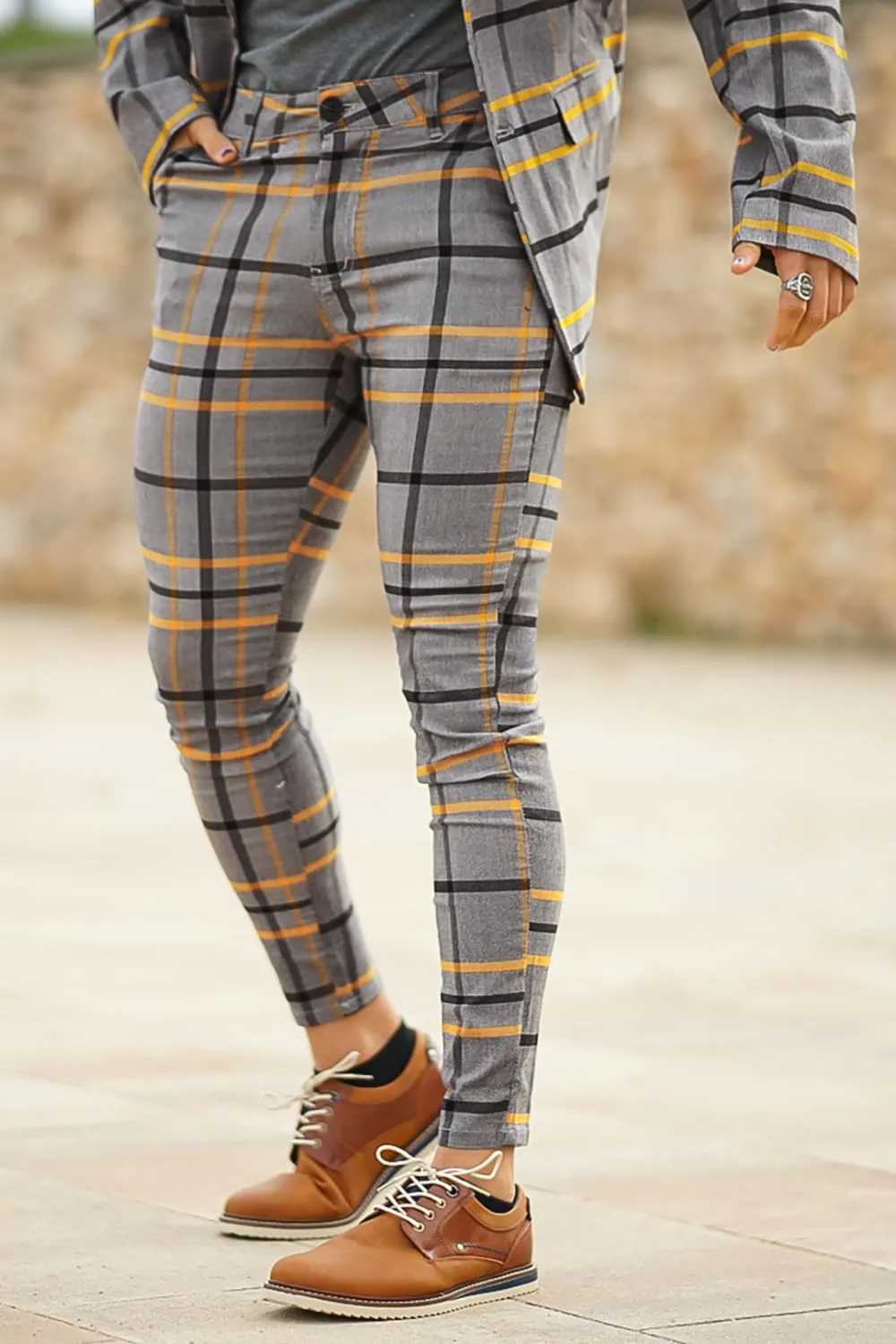 Mens Plaids Stretch Chino Pants Slim Fit