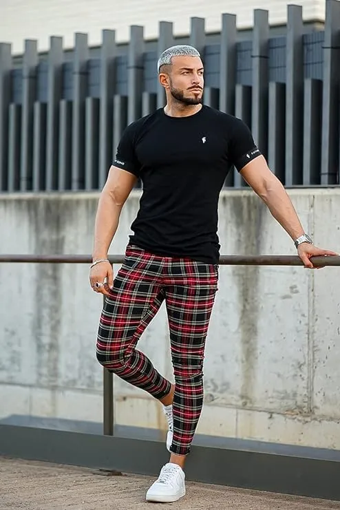 Mens Plaids Stretch Chino Pants Slim Fit