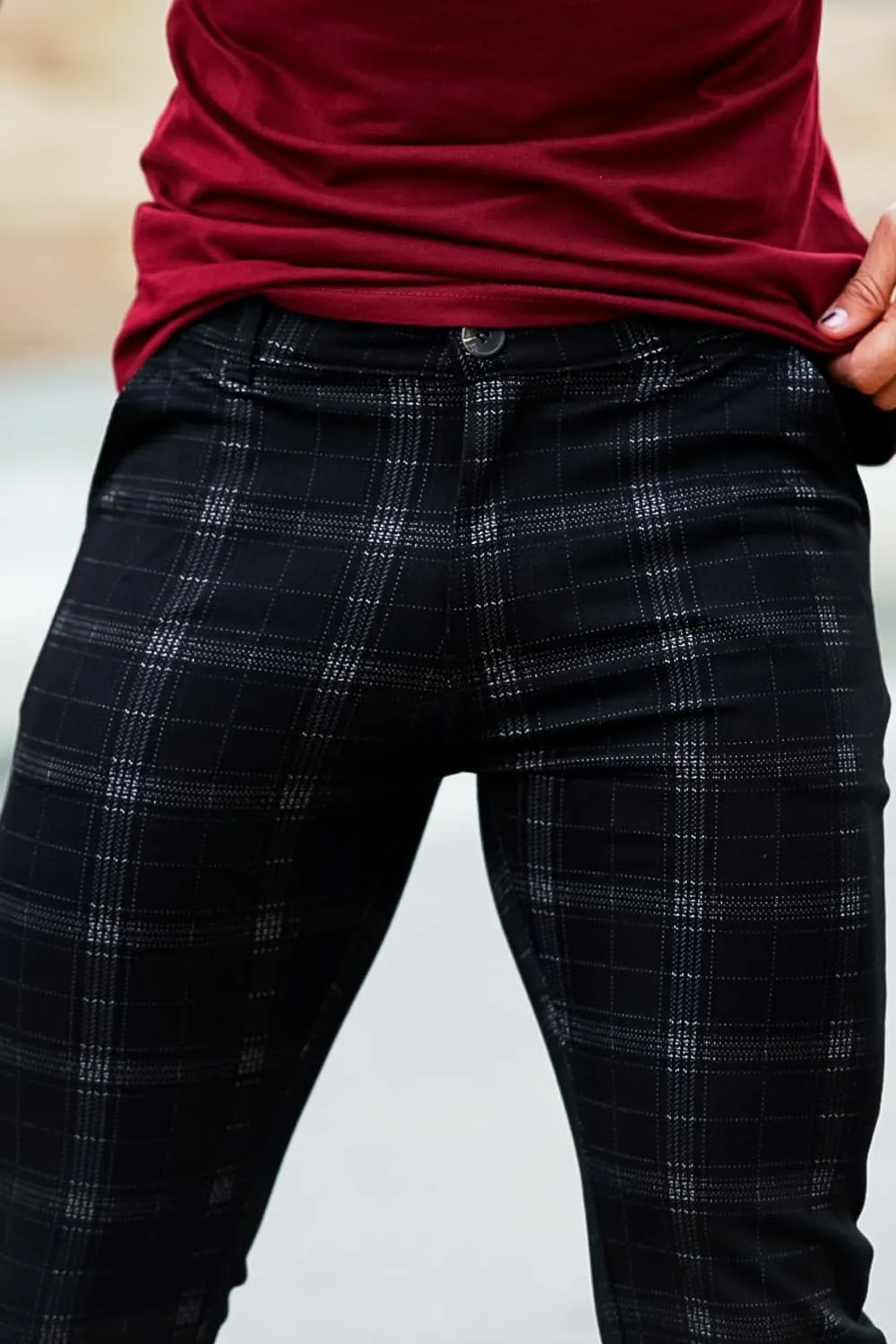 Mens Plaids Stretch Chino Pants Slim Fit