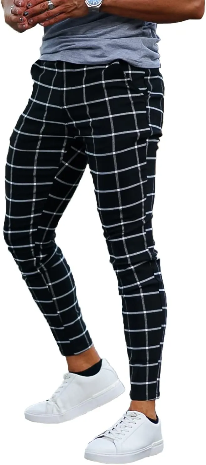 Mens Plaids Stretch Chino Pants Slim Fit
