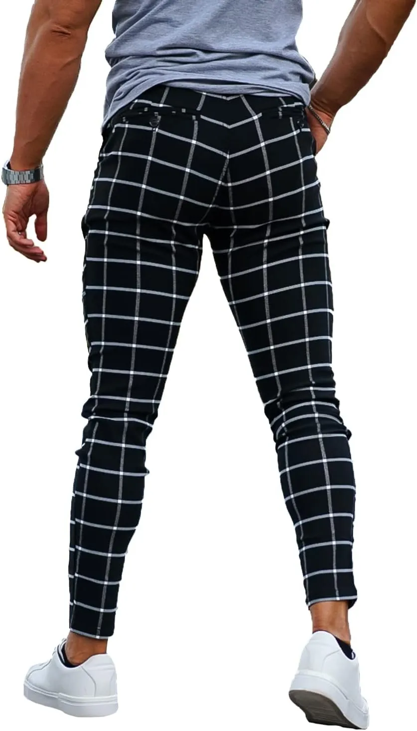 Mens Plaids Stretch Chino Pants Slim Fit