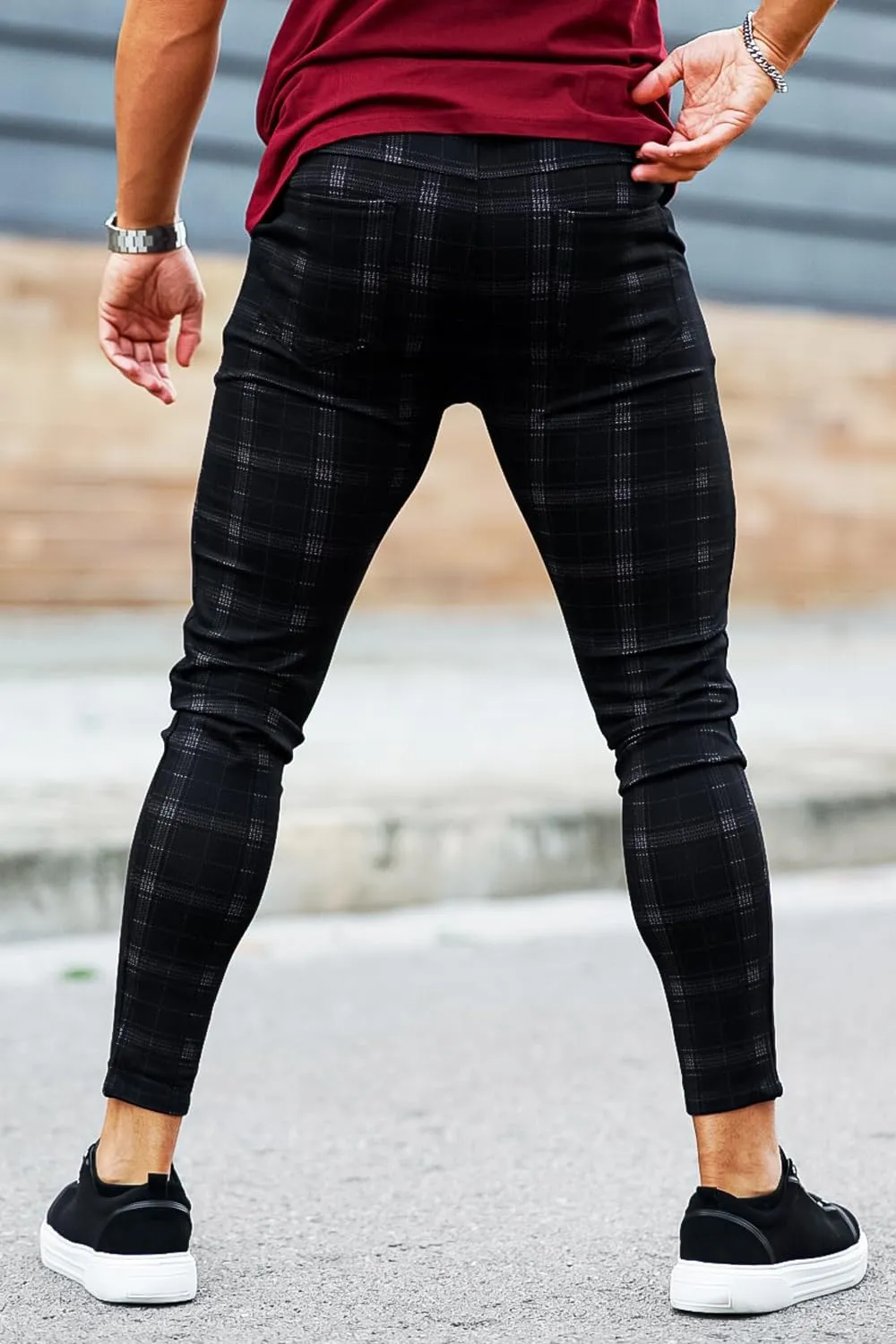 Mens Plaids Stretch Chino Pants Slim Fit