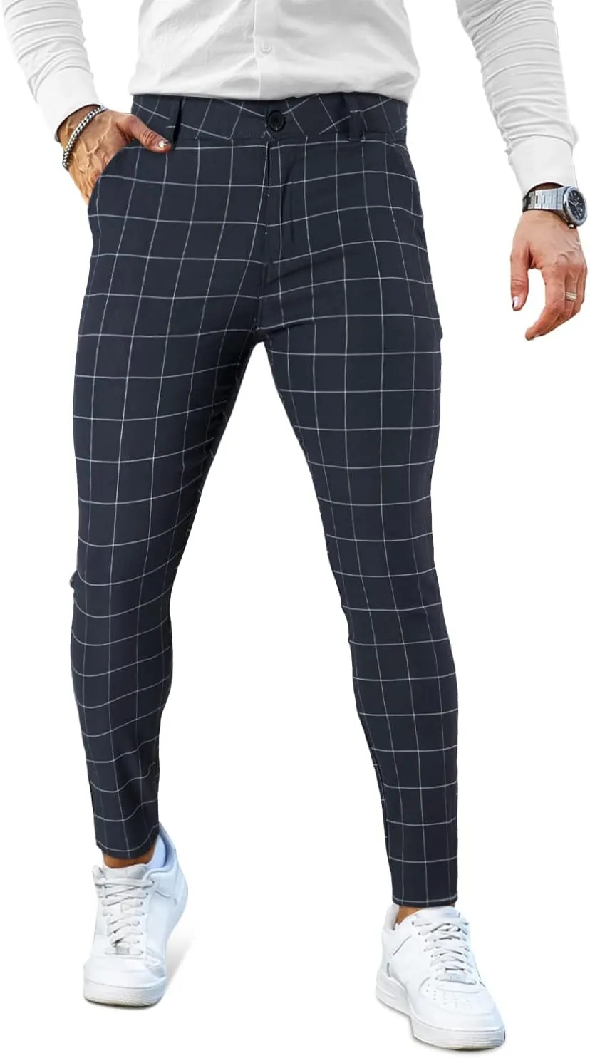 Mens Plaids Stretch Chino Pants Slim Fit