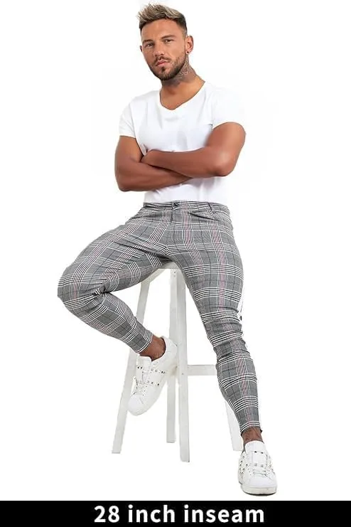 Mens Plaids Stretch Chino Pants Slim Fit