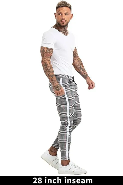 Mens Plaids Stretch Chino Pants Slim Fit