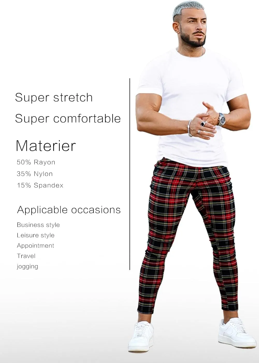 Mens Plaids Stretch Chino Pants Slim Fit