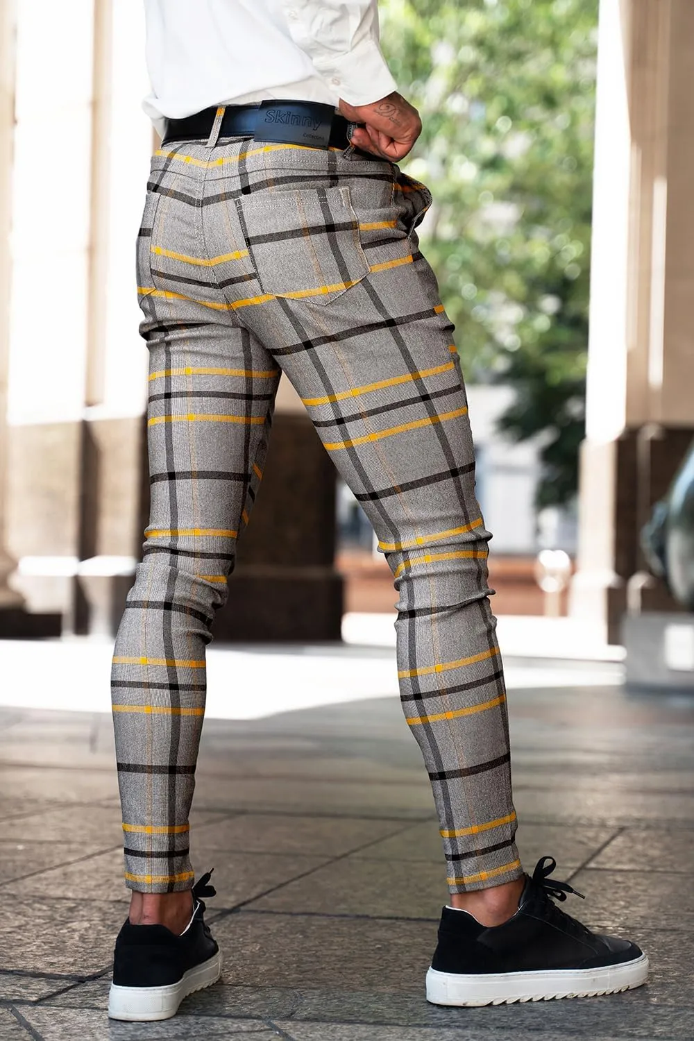 Mens Plaids Stretch Chino Pants Slim Fit