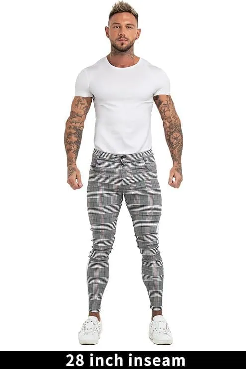 Mens Plaids Stretch Chino Pants Slim Fit