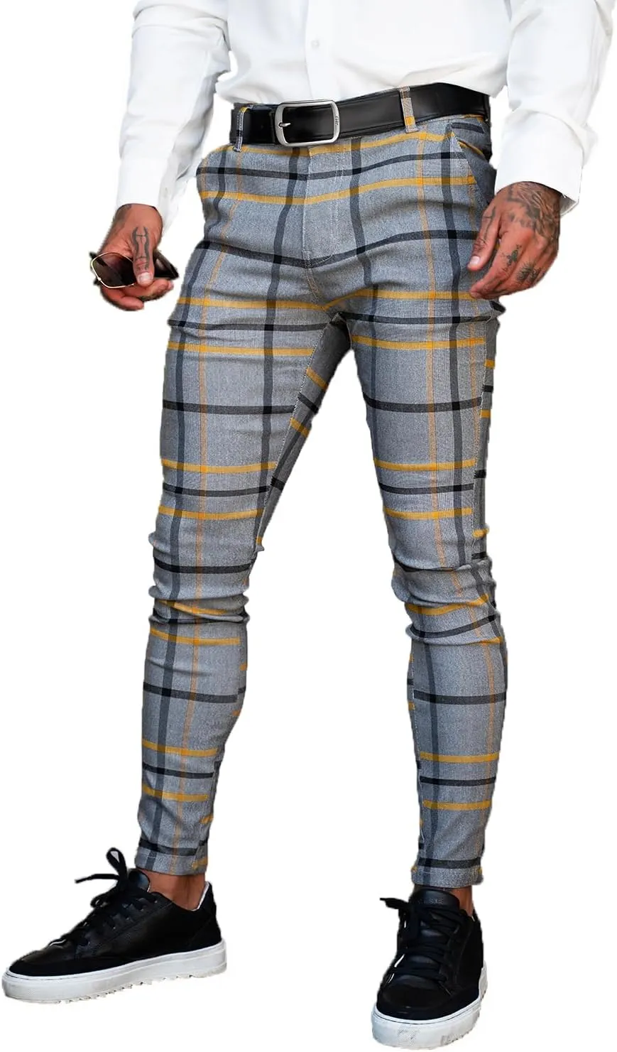 Mens Plaids Stretch Chino Pants Slim Fit