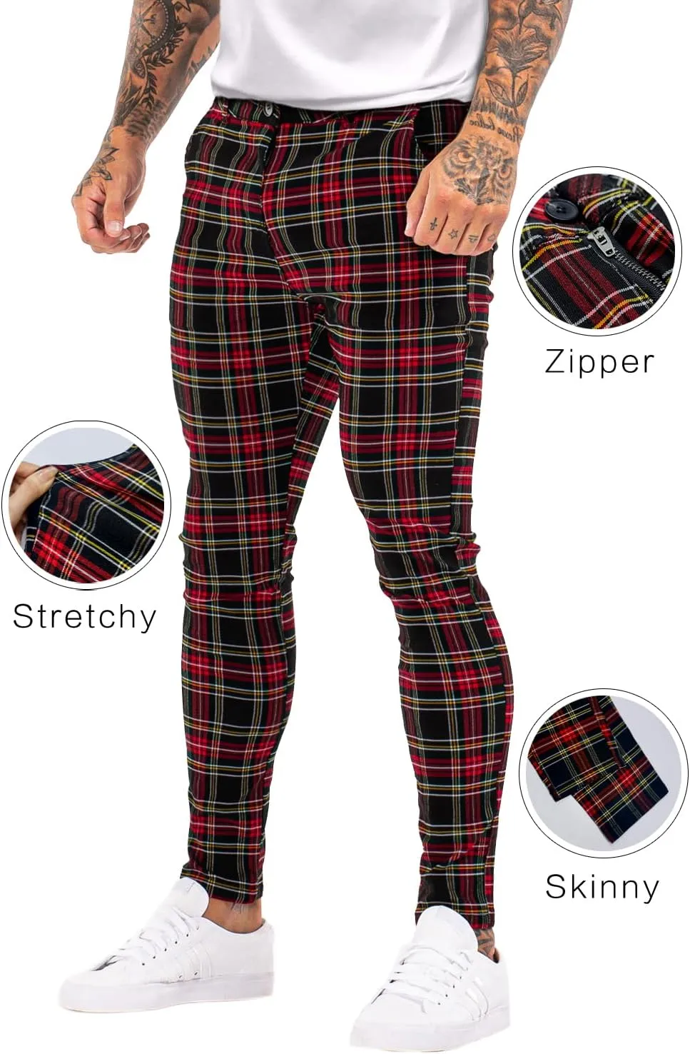 Mens Plaids Stretch Chino Pants Slim Fit