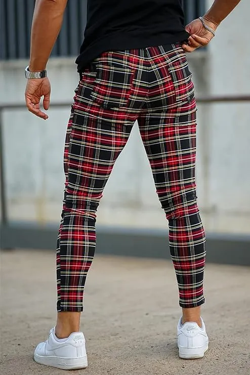 Mens Plaids Stretch Chino Pants Slim Fit