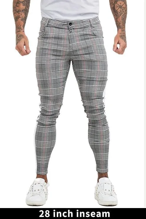 Mens Plaids Stretch Chino Pants Slim Fit