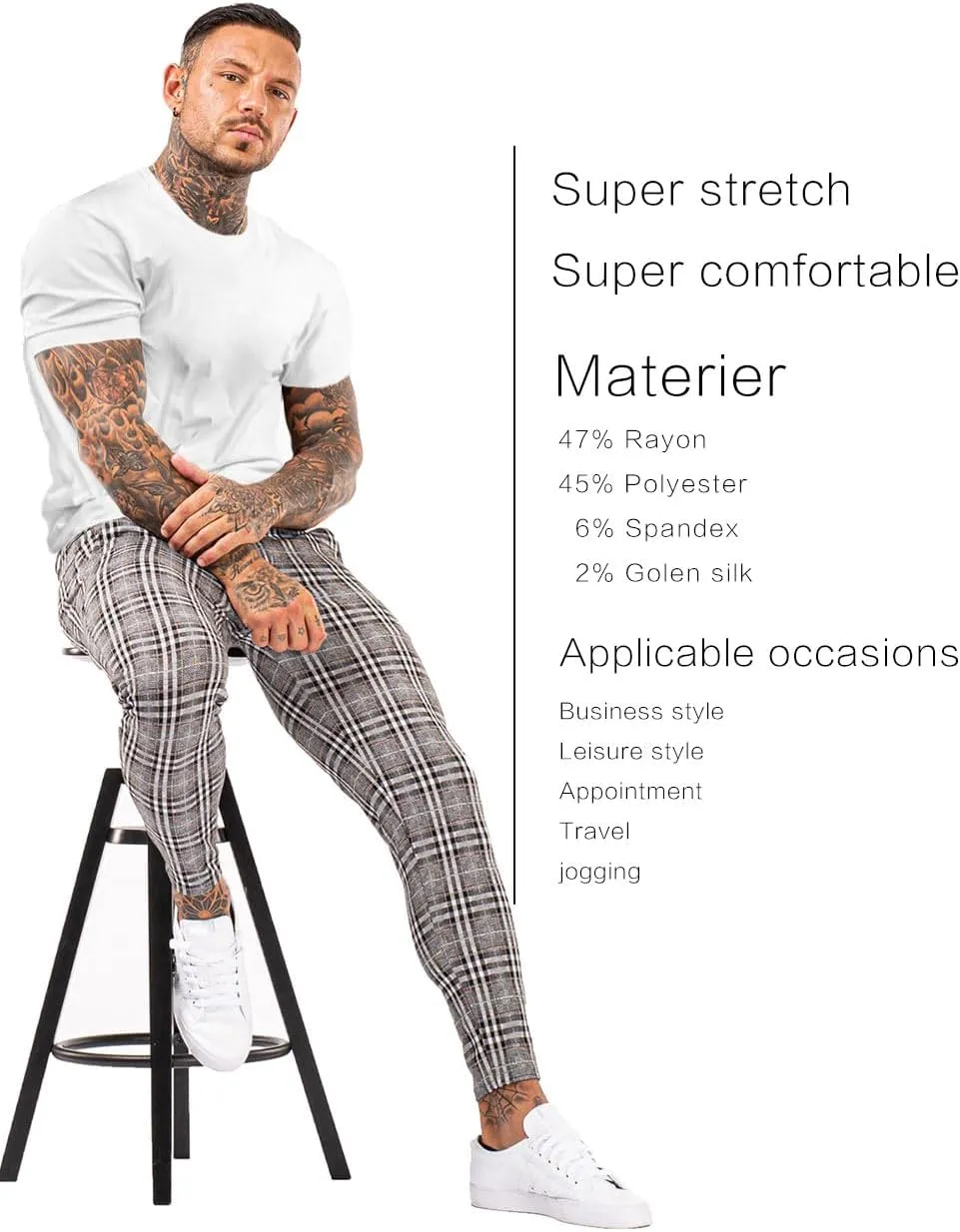 Mens Plaids Stretch Chino Pants Slim Fit