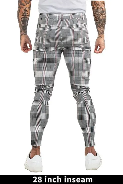 Mens Plaids Stretch Chino Pants Slim Fit