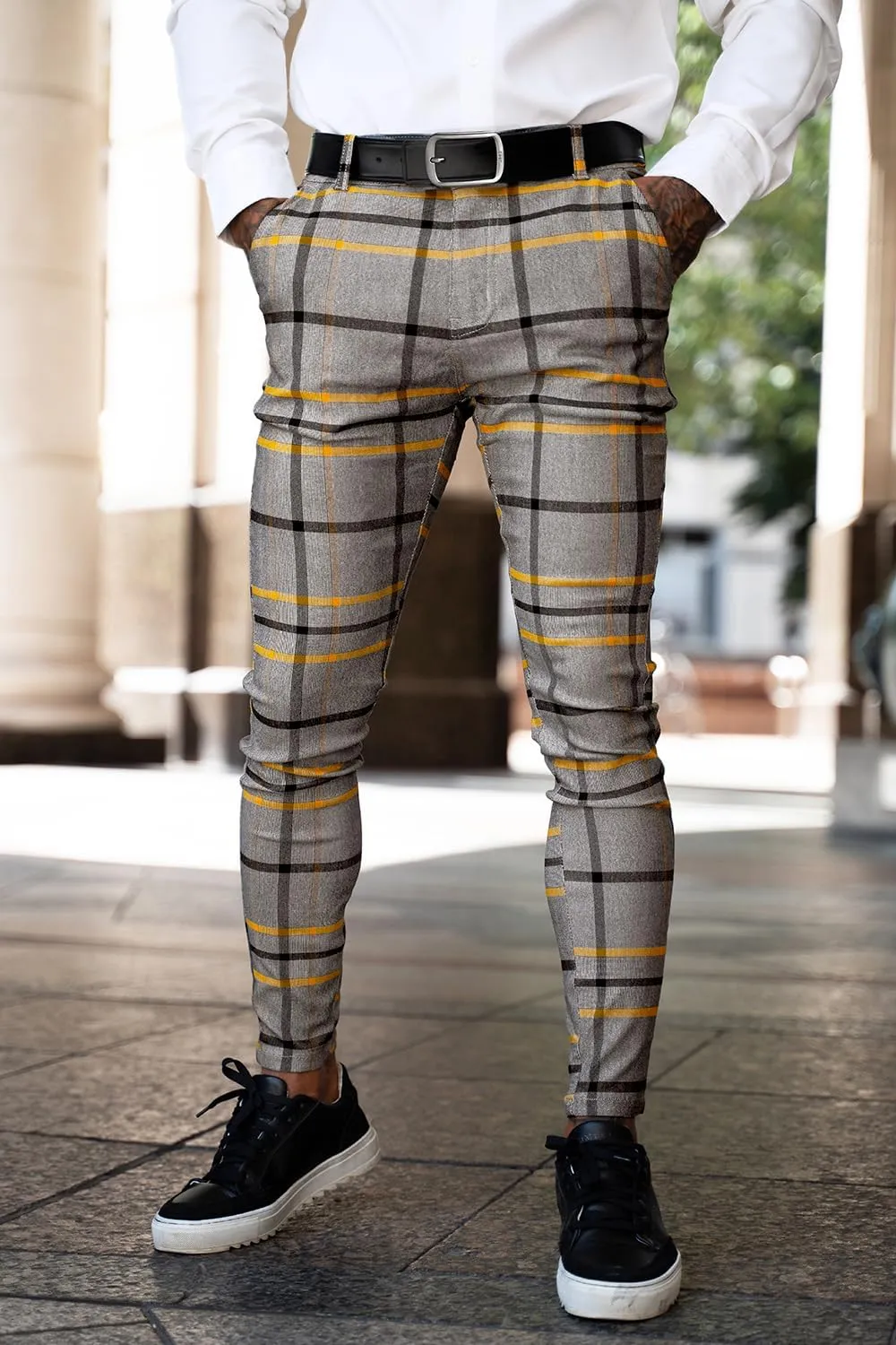 Mens Plaids Stretch Chino Pants Slim Fit