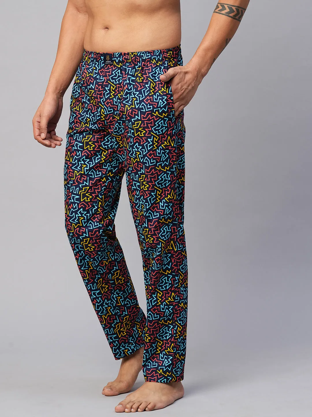 Men's Printed, Multicolor, Cotton, Regular Fit, Elasticated, Waistband, Pyjama  With Side Pockets