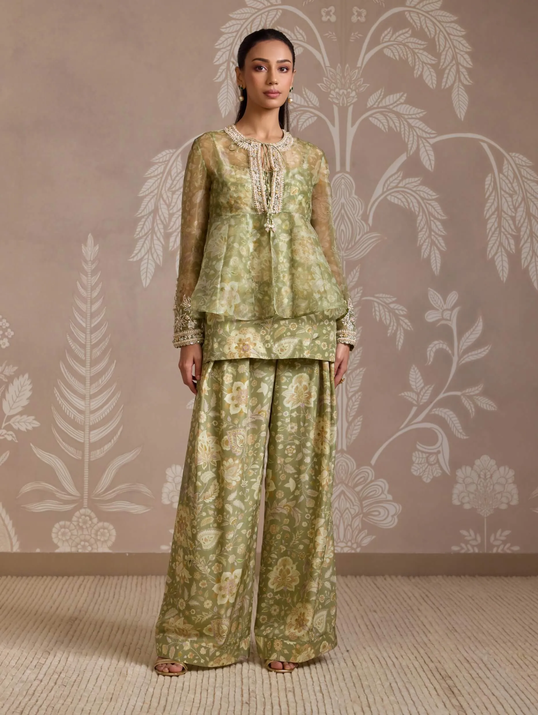 Mint green printed jacket, kurta and pants