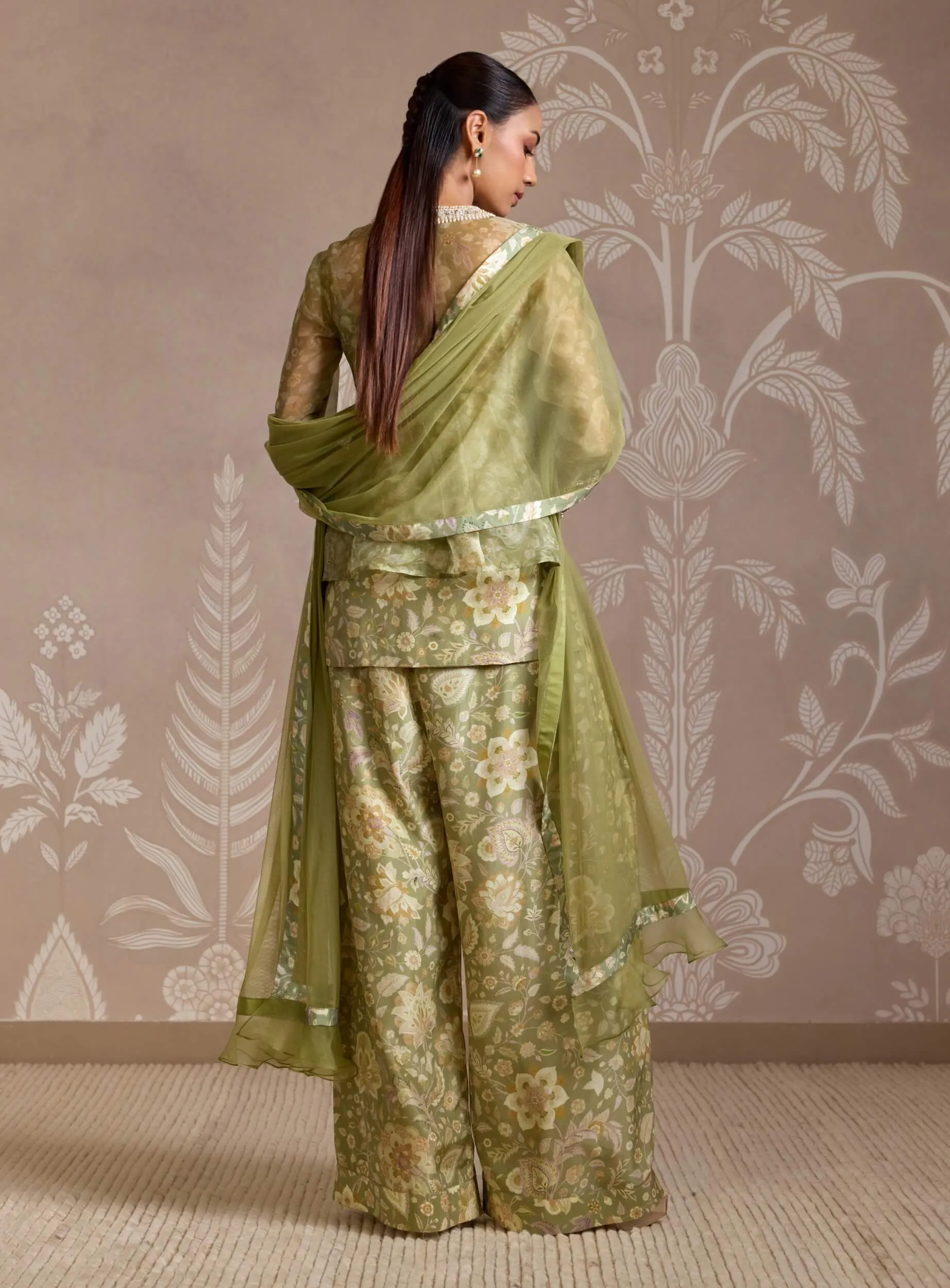 Mint green printed jacket, kurta and pants