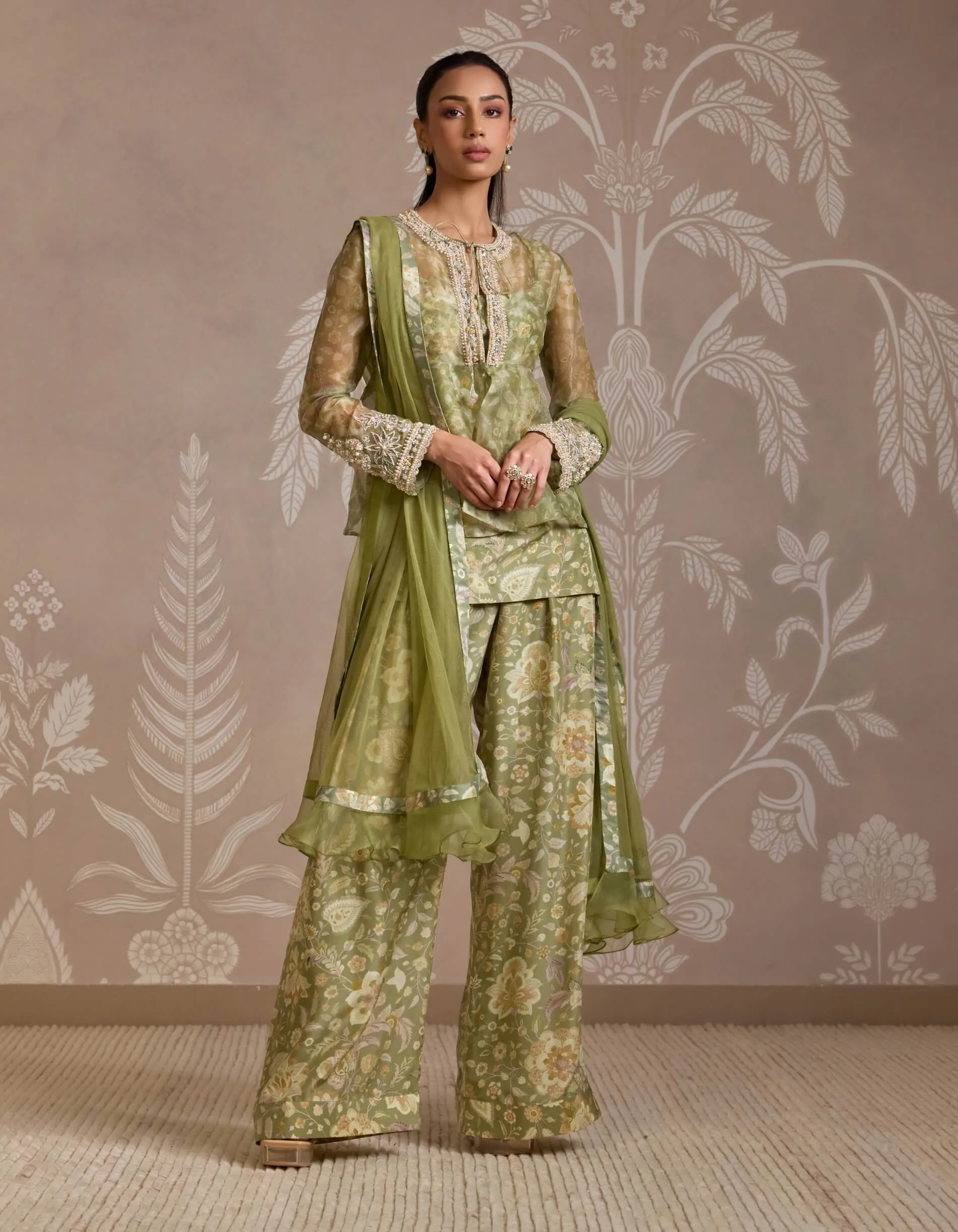 Mint green printed jacket, kurta and pants