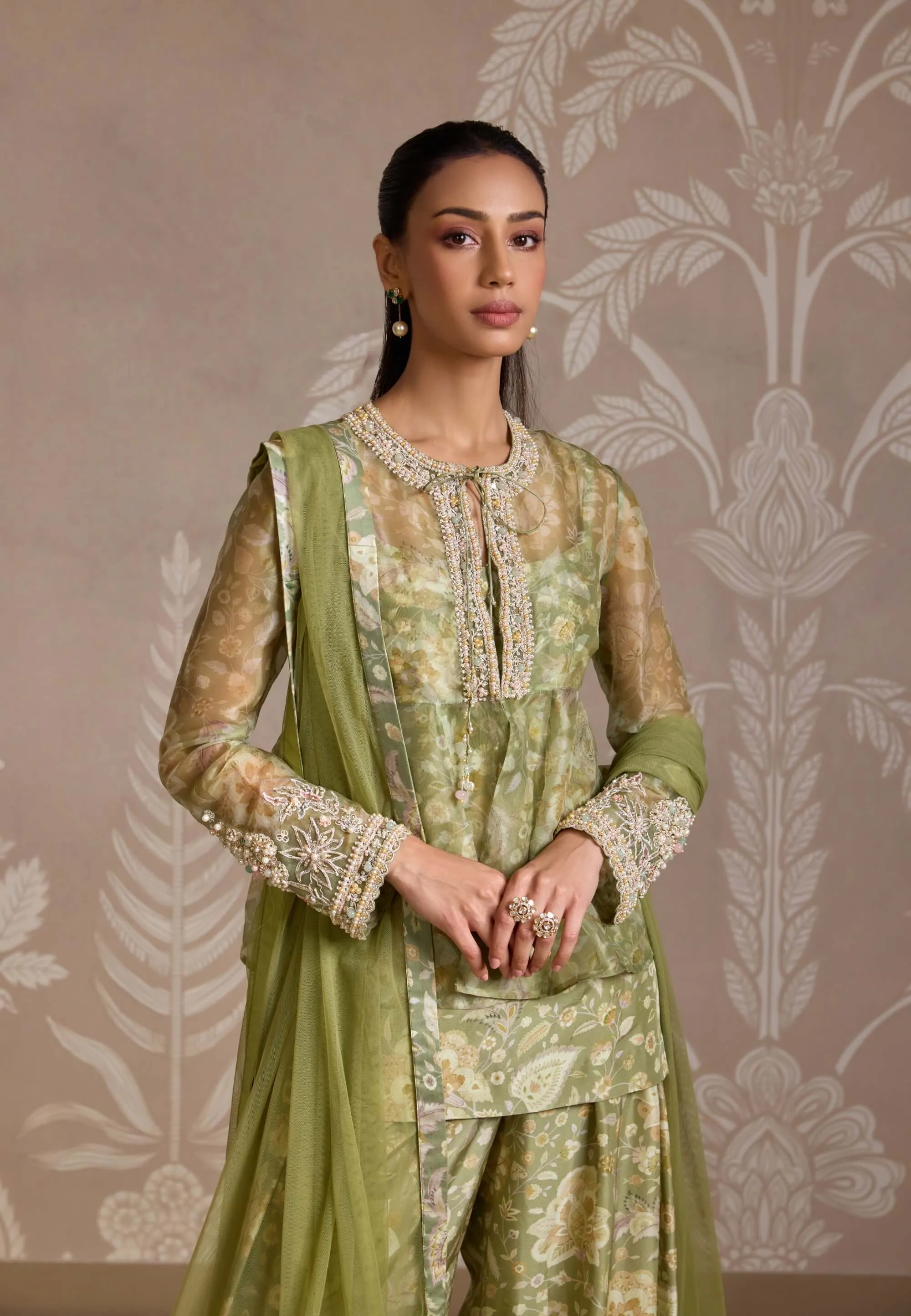 Mint green printed jacket, kurta and pants