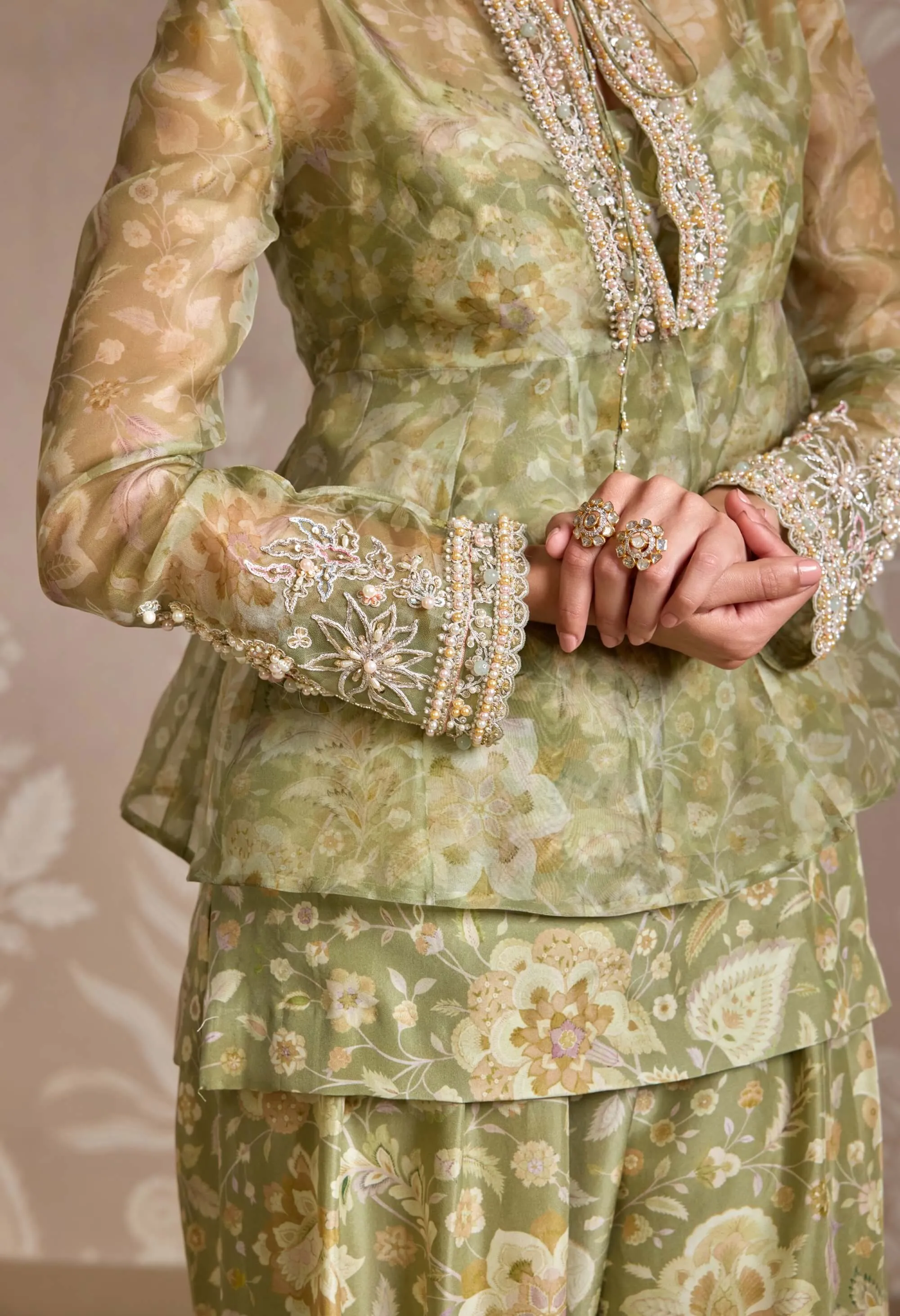 Mint green printed jacket, kurta and pants