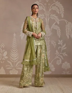 Mint green printed jacket, kurta and pants