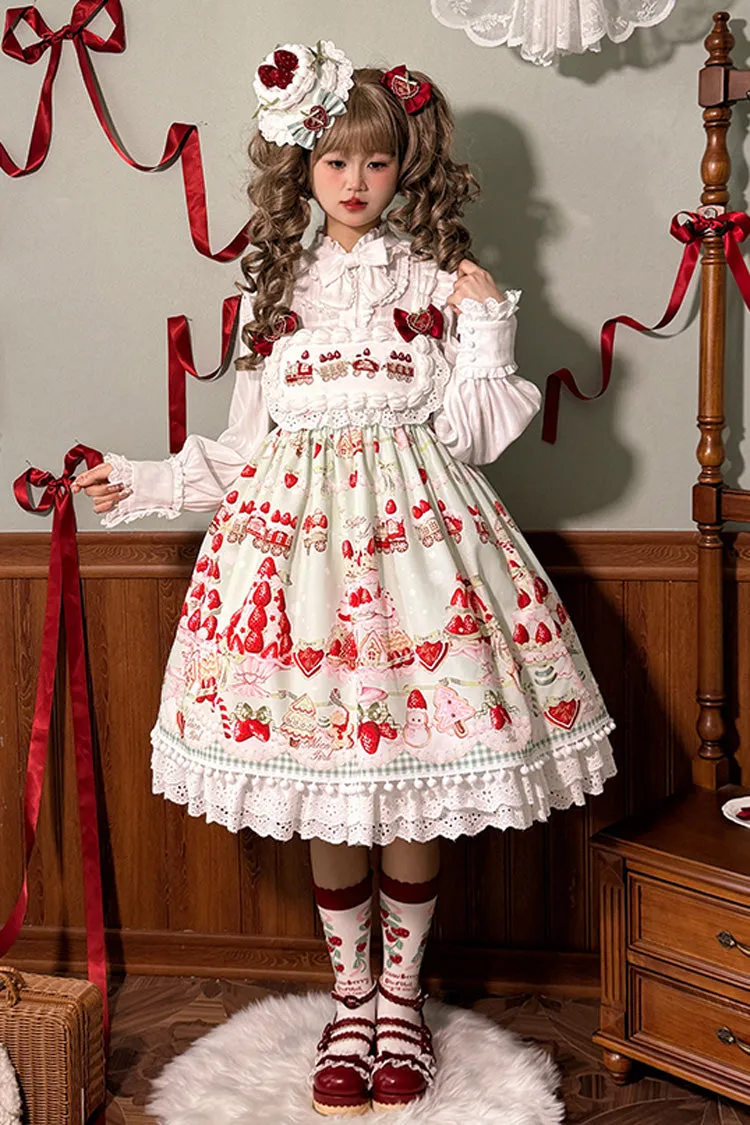 Mint Strawberry Dessert Print High Waisted Ruffle Bowknot Sweet Lolita JSK Dress 4 Colors