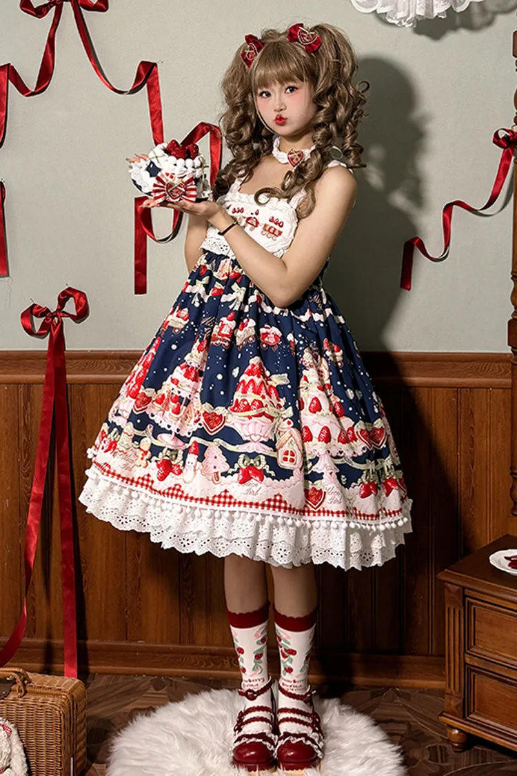 Mint Strawberry Dessert Print High Waisted Ruffle Bowknot Sweet Lolita JSK Dress 4 Colors