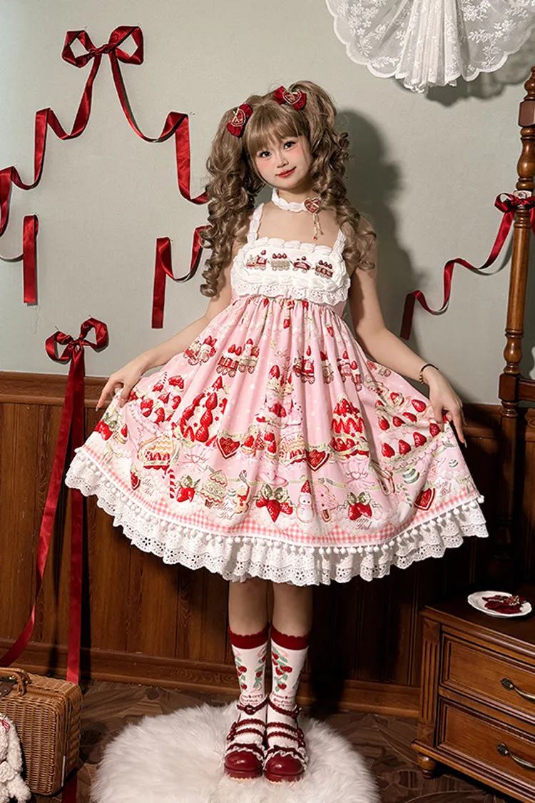 Mint Strawberry Dessert Print High Waisted Ruffle Bowknot Sweet Lolita JSK Dress 4 Colors