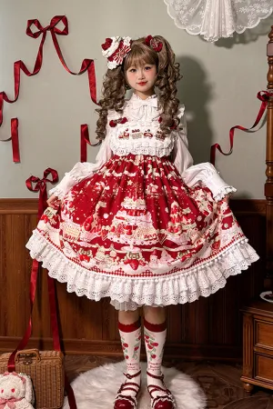 Mint Strawberry Dessert Print High Waisted Ruffle Bowknot Sweet Lolita JSK Dress 4 Colors
