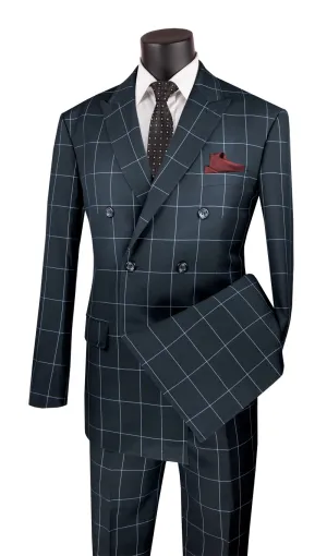 Modern Fit Double Breasted Windowpane Peak Lapel 2 Piece Suit (Black) MDW-1