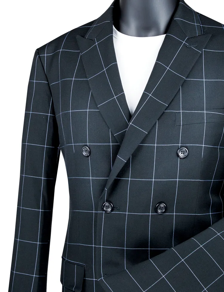 Modern Fit Double Breasted Windowpane Peak Lapel 2 Piece Suit (Black) MDW-1