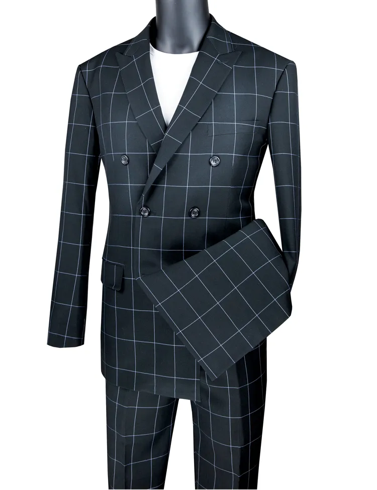 Modern Fit Double Breasted Windowpane Peak Lapel 2 Piece Suit (Black) MDW-1