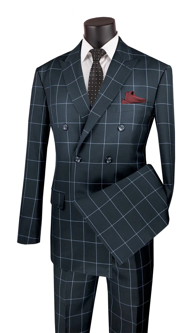 Modern Fit Double Breasted Windowpane Peak Lapel 2 Piece Suit (Black) MDW-1