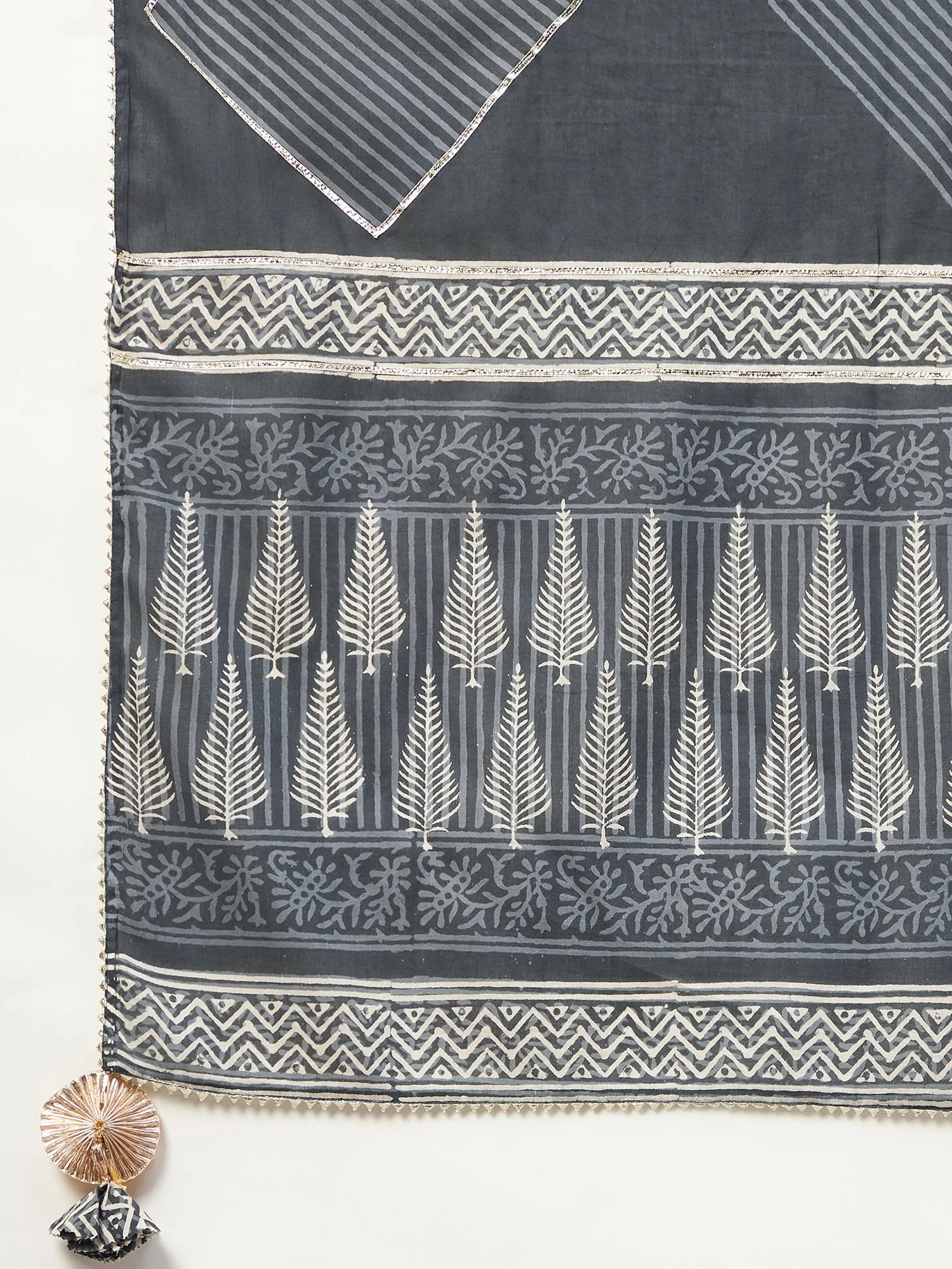 MULMUL AABHA GREY BLOCK PRINTED PANELED KURTA-PANTS & DUPATTA SET