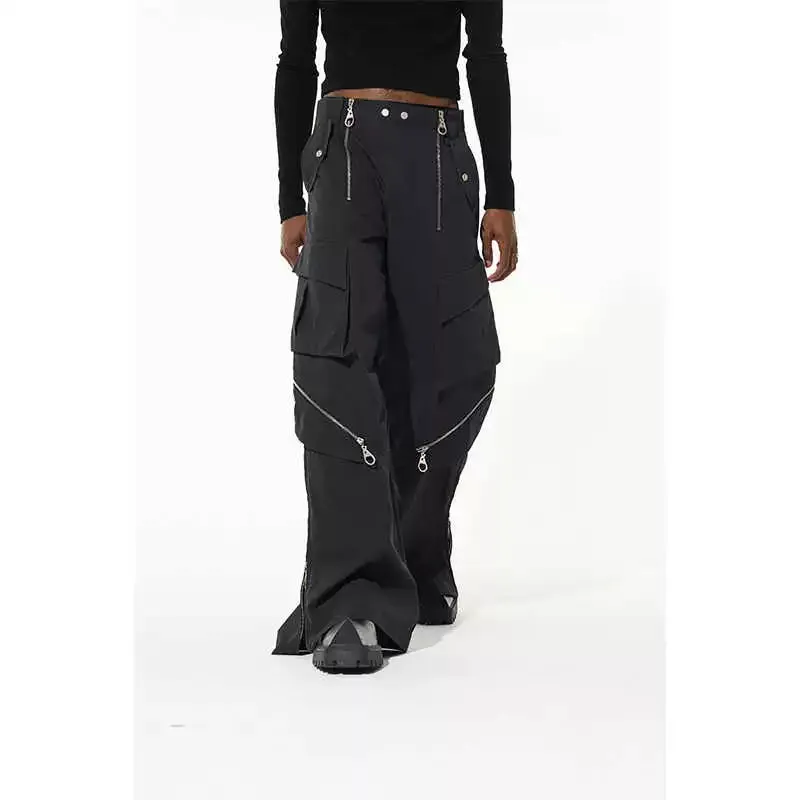Multi-Zipper Wide-Leg Cargo Pants