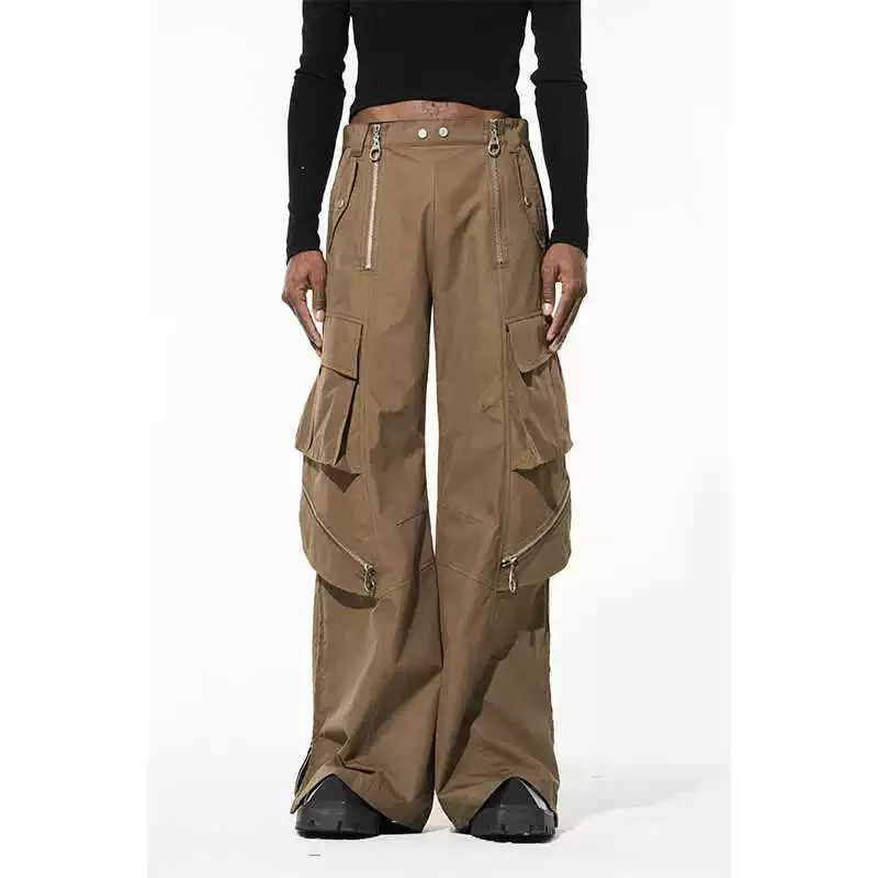Multi-Zipper Wide-Leg Cargo Pants