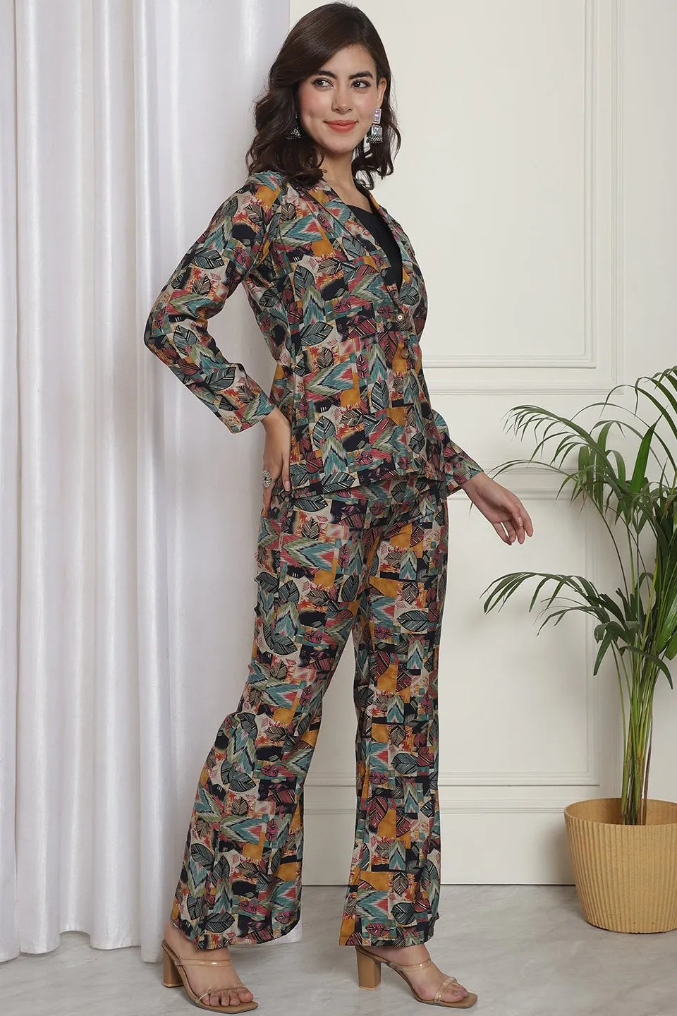 Multicolor Abstract Printed Chanderi Silk Top with Palazzo & Jacket Co-Ord Set for Women | S-XL | Claura