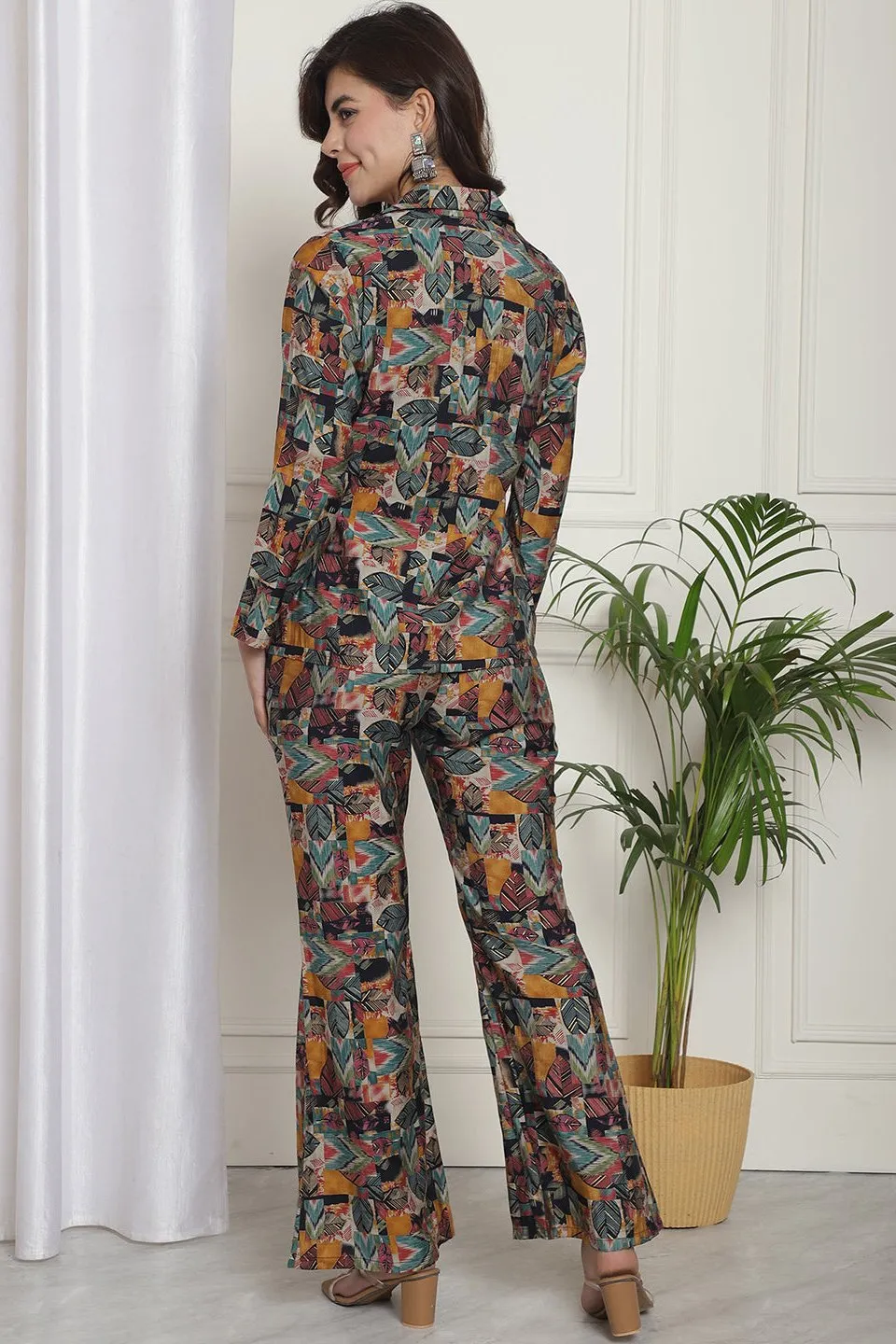 Multicolor Abstract Printed Chanderi Silk Top with Palazzo & Jacket Co-Ord Set for Women | S-XL | Claura