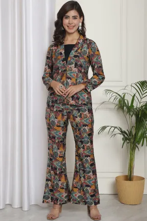 Multicolor Abstract Printed Chanderi Silk Top with Palazzo & Jacket Co-Ord Set for Women | S-XL | Claura