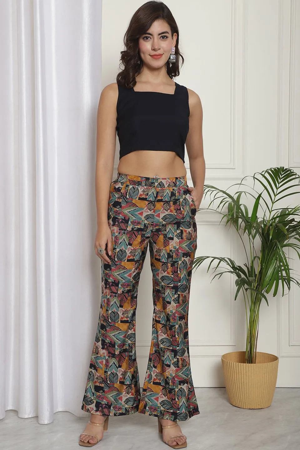 Multicolor Abstract Printed Chanderi Silk Top with Palazzo & Jacket Co-Ord Set for Women | S-XL | Claura