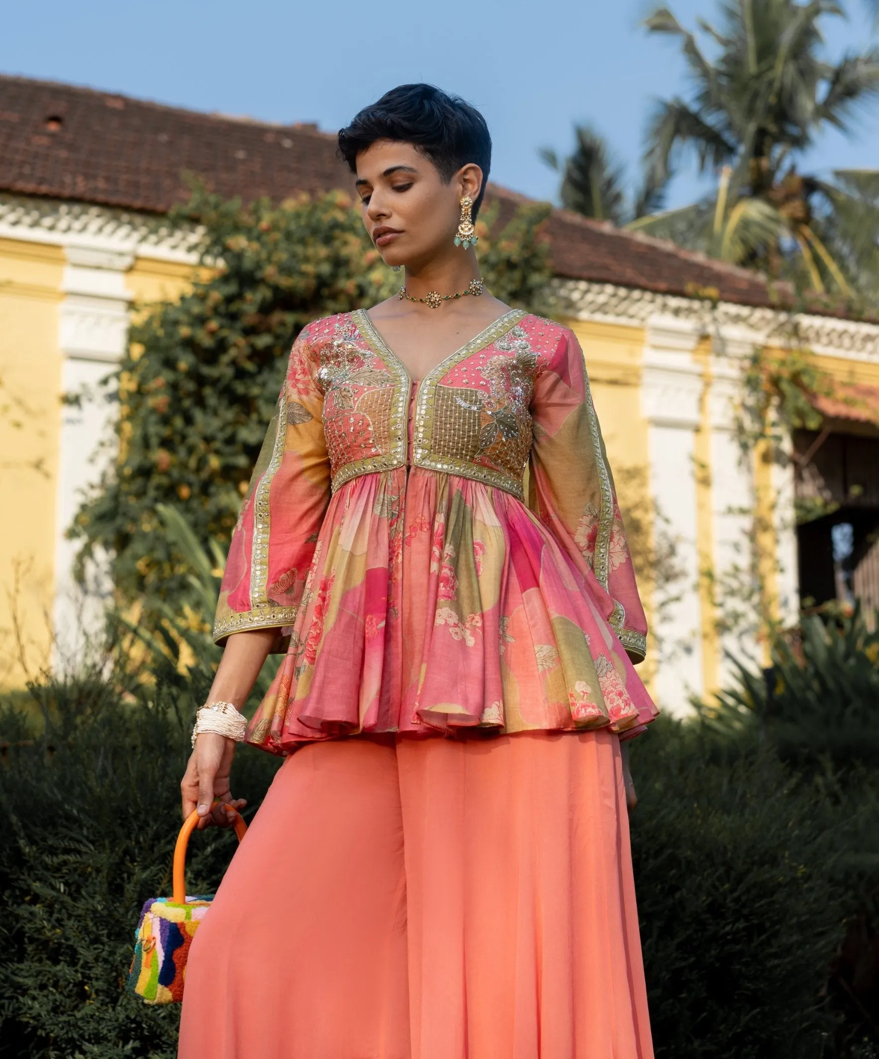 Multicolor blush nasha print peplum and palazzo