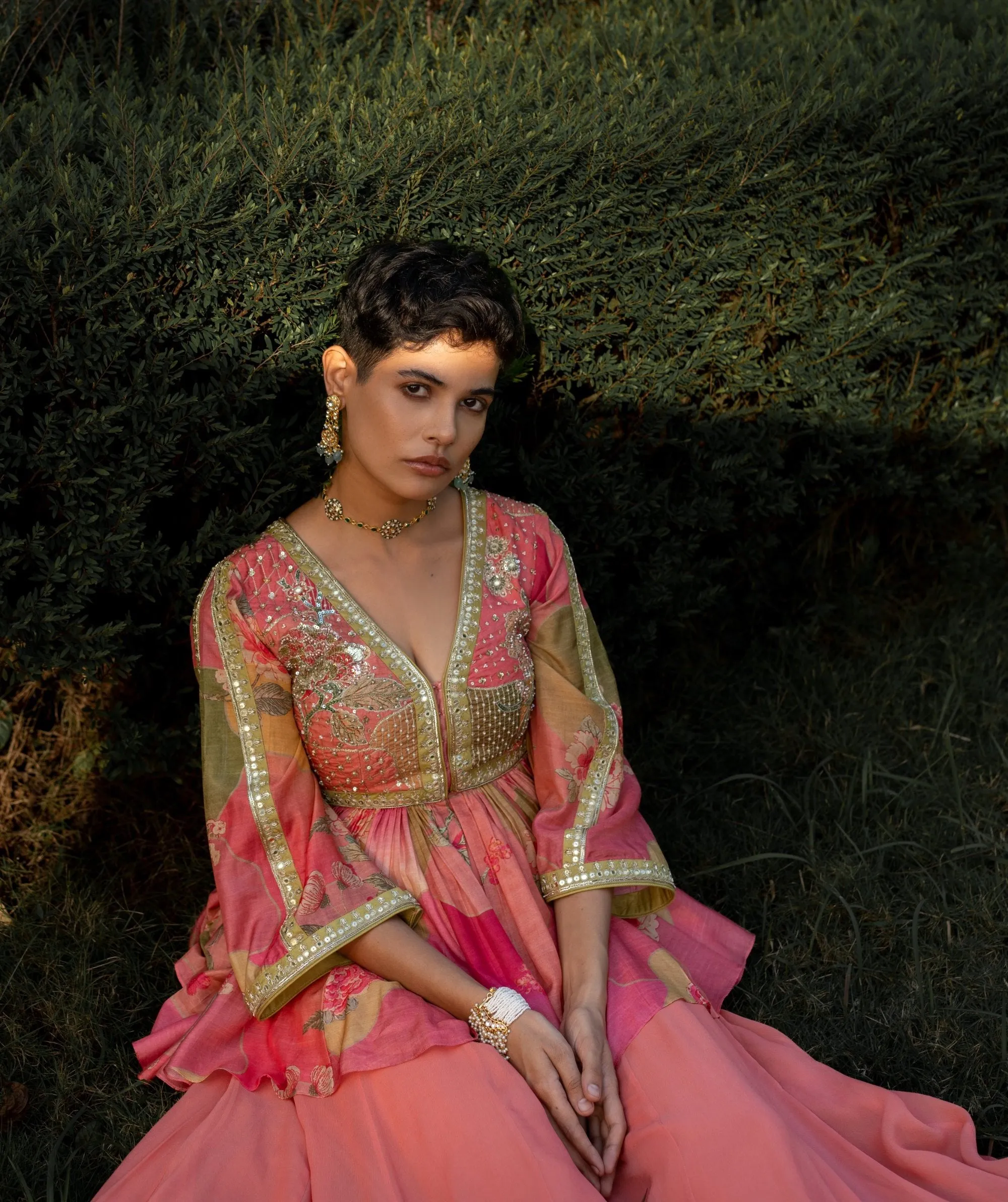 Multicolor blush nasha print peplum and palazzo