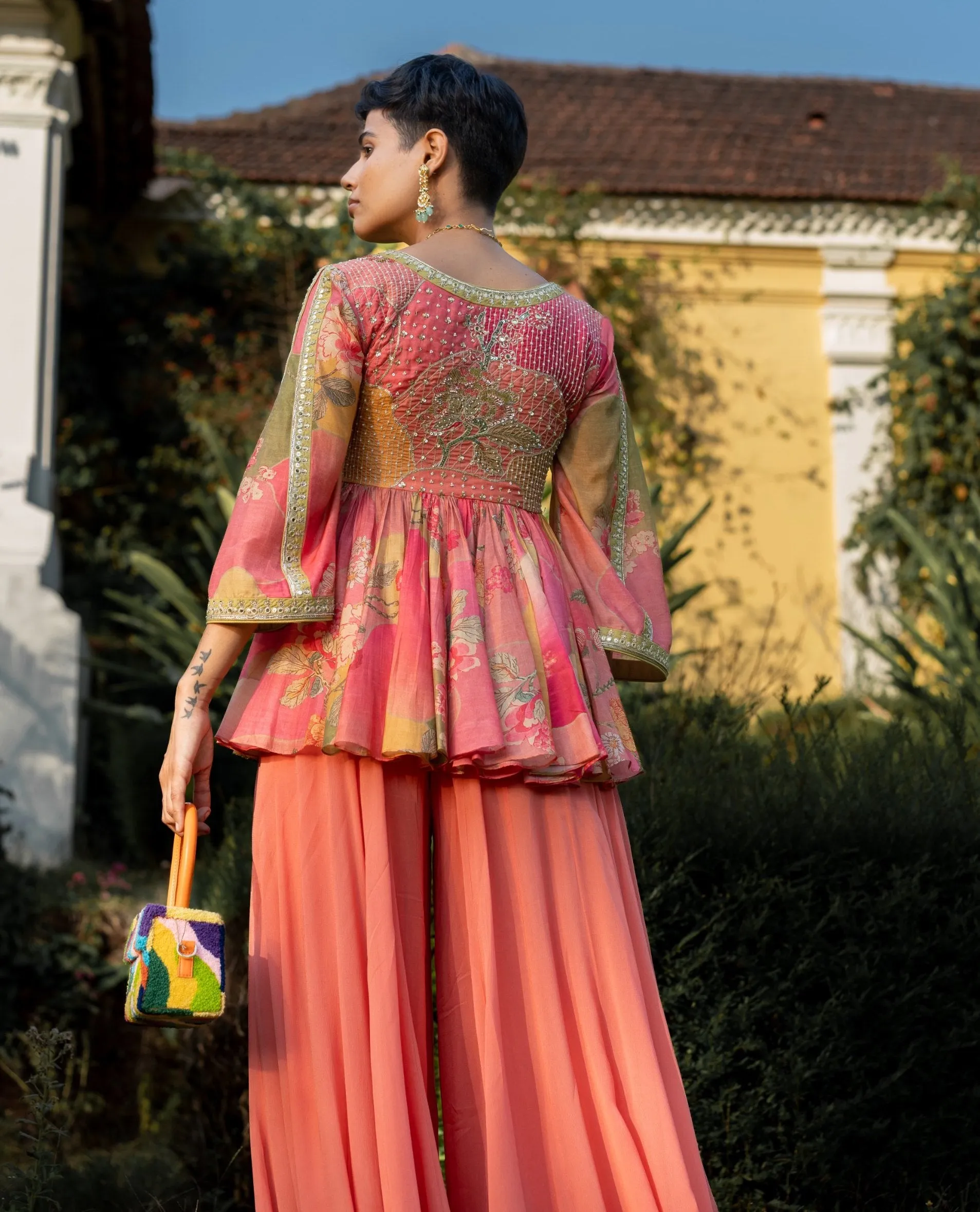 Multicolor blush nasha print peplum and palazzo