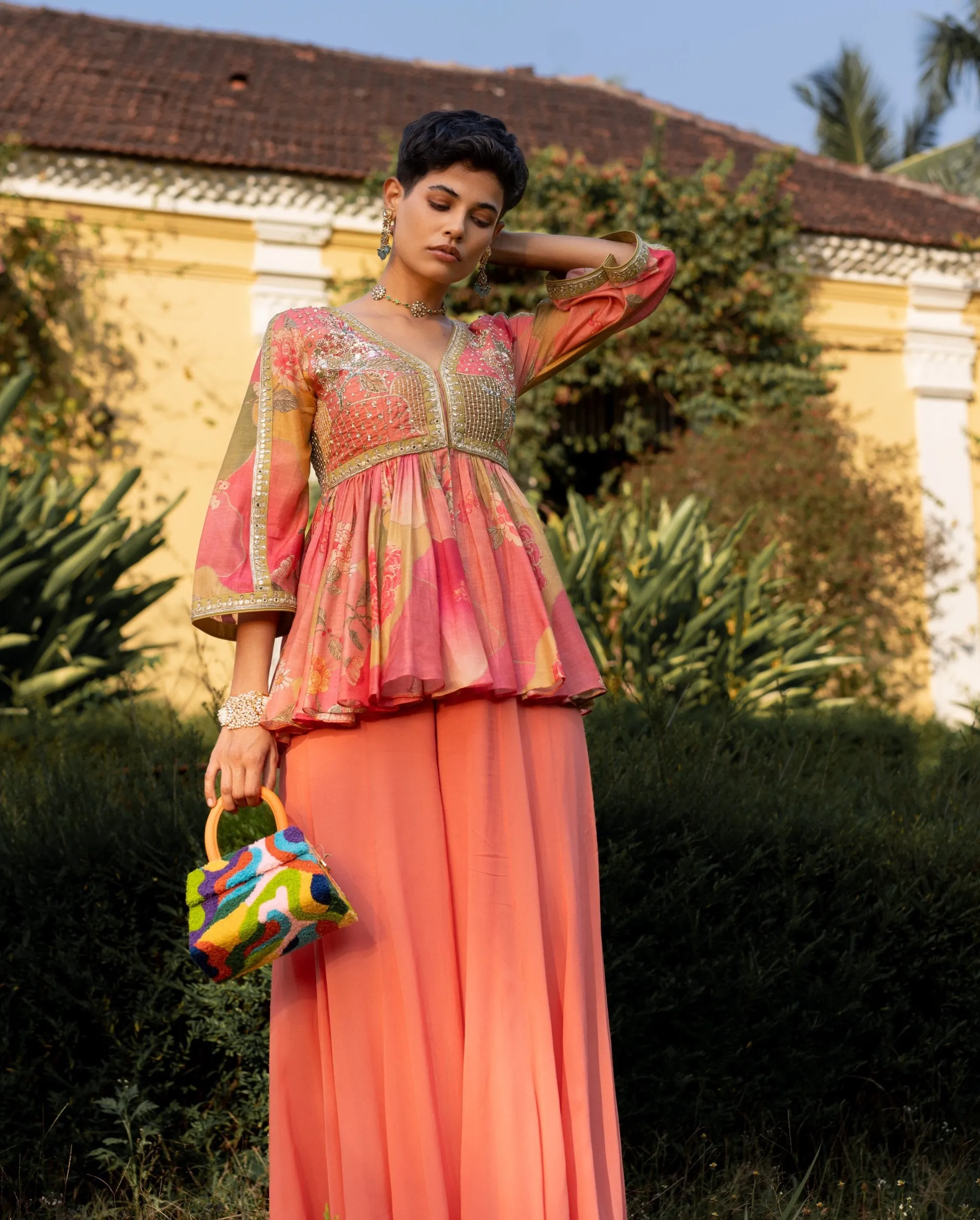 Multicolor blush nasha print peplum and palazzo
