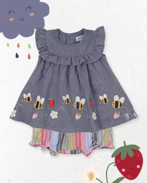 Multicoloured Busy Bee Applique Dress And Pant Set