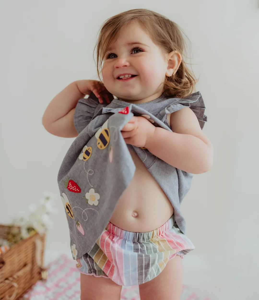 Multicoloured Busy Bee Applique Dress And Pant Set