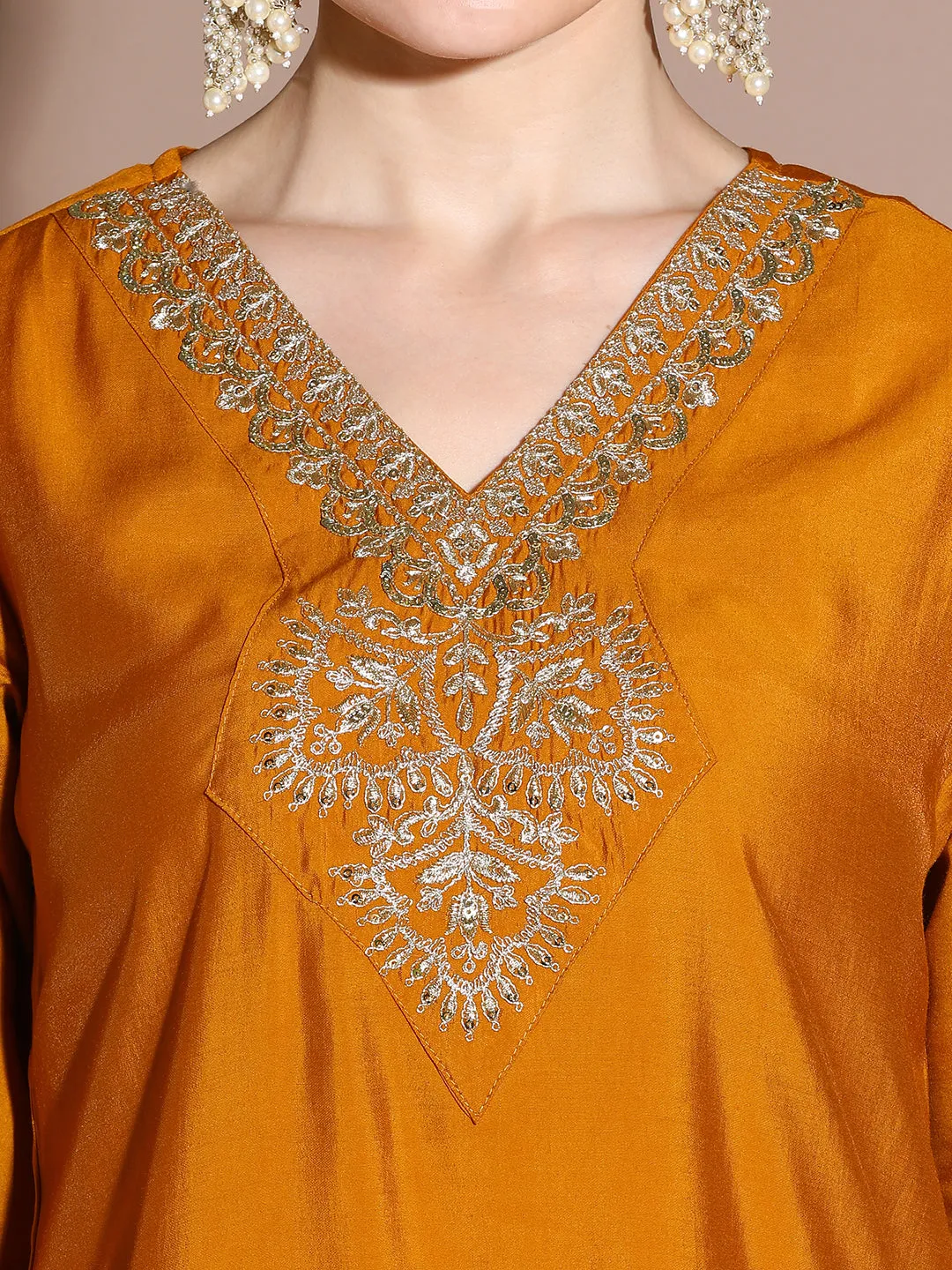Mustard Festive Embroidered Silk Blend Kurta Set With Printed Dupatta