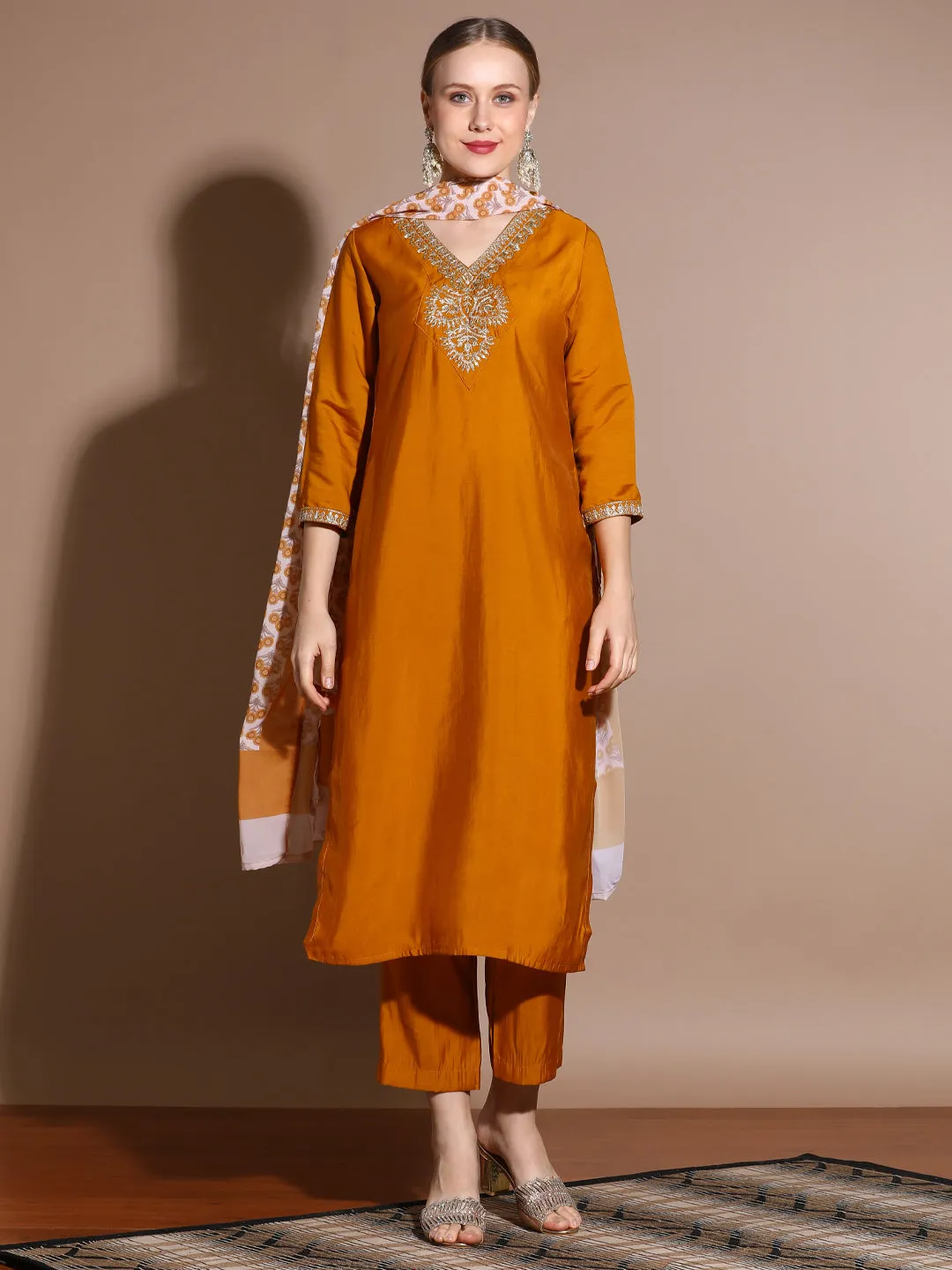 Mustard Festive Embroidered Silk Blend Kurta Set With Printed Dupatta