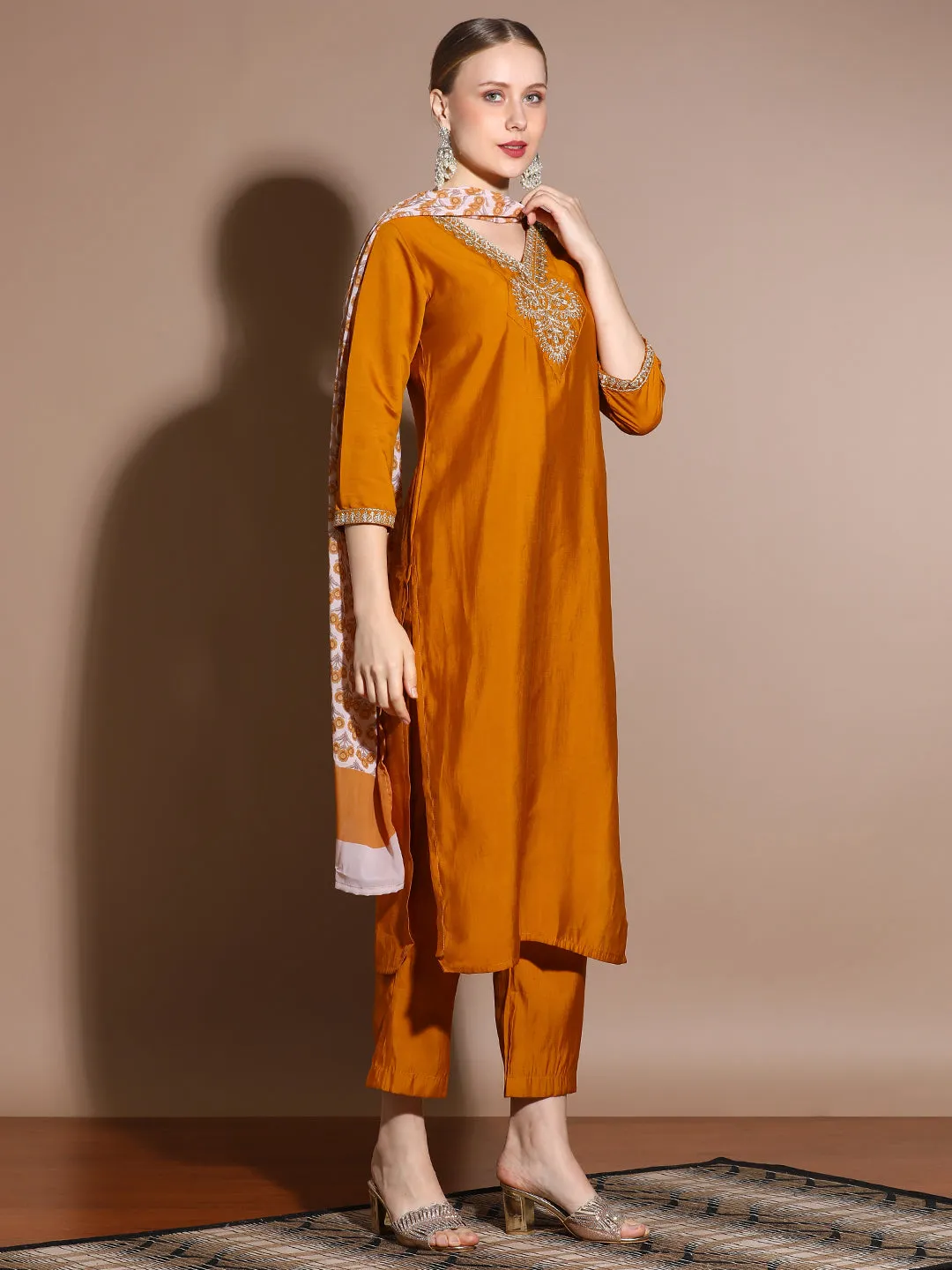 Mustard Festive Embroidered Silk Blend Kurta Set With Printed Dupatta
